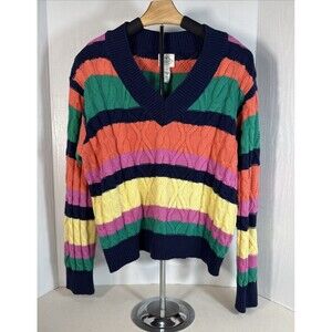St. Johns Bay V Neck Cable Knit Sweater Woman’s PXL Colorful Stripe Colorblock